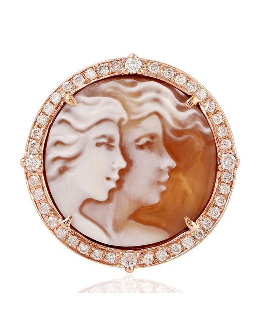 Artisan Pink Handmade Rose Gold Shell Cameo Pave Diamond Cocktail Ring Designer Jewelry