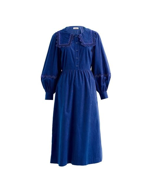 Louche Blue Prudence Babycord Big Collar Ric Rac Trim Midi Dress