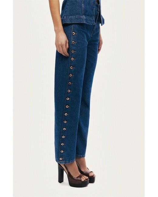 Nocturne Blue Eyelet Detail Wide-Leg Denim Pants