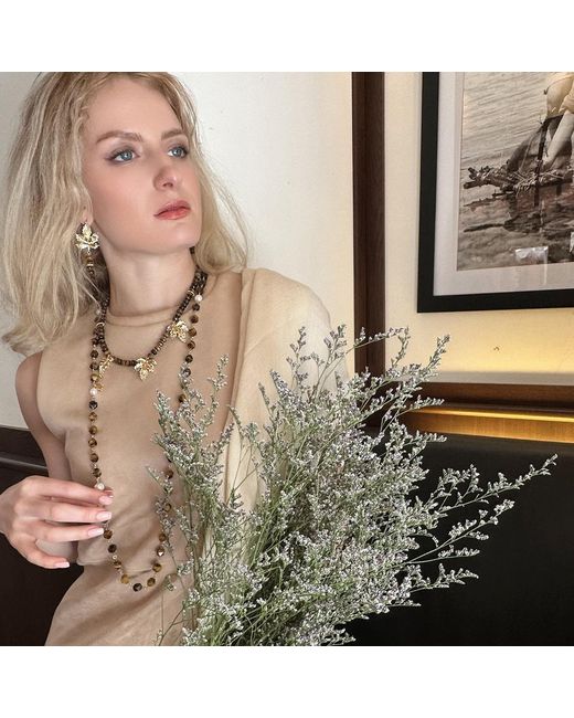 Farra Metallic Tiger Eye With Freshwater Pearls Long Station Necklace