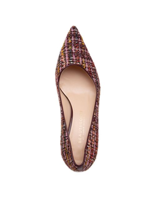 Beautiisoles by Robyn Shreiber Made in Italy Red Corina Burgundy Leather Block Heel Pump With Linen For Day & Night Wear