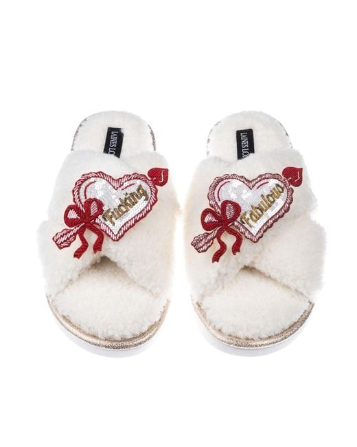 Laines London White Neutrals Neutral Boucle Slippers With Fucking Fabulous Hearts Brooches