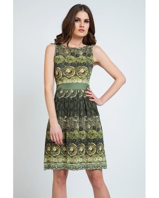 Conquista Green Sleeveless A-Line Print Dress Jersey