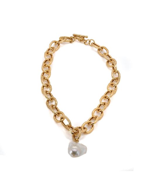 Ebru Jewelry Metallic Majestic Pearl Stone Pendant Link Chain Necklace