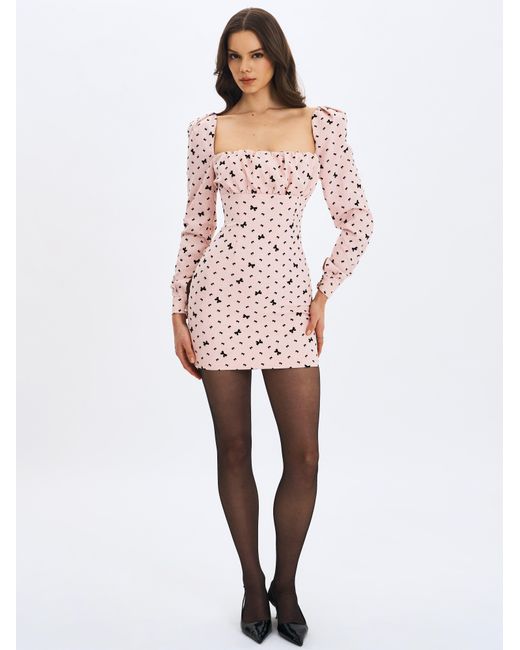 Miss Circle New York Pink Perla Baby Ruched Bust Velvet-Embossed Bow Mini Dress