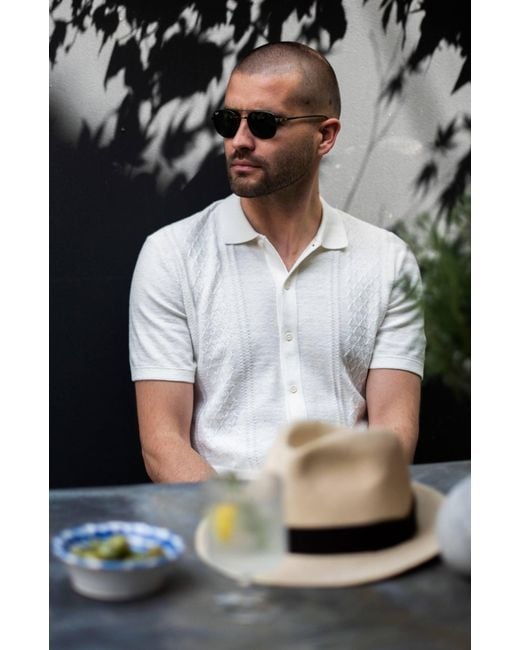 Paul James Knitwear White Organic Cotton Dante Linen Patterned Shirt for men