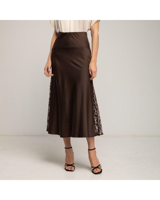 Tantra Spain Sl Brown A-Line Satin Midi Skirt With Side Slits And Lace, Elastic Waistband