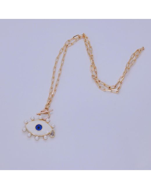 VALERIE CHIC Metallic Evil Eye Pearl Necklace 18K