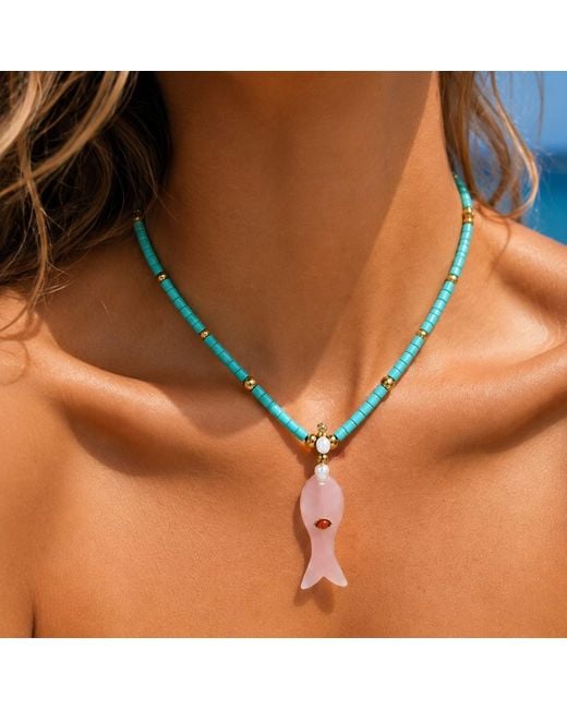 Ormiro Blue Love Fish & Rose Quartz Beaded Necklace