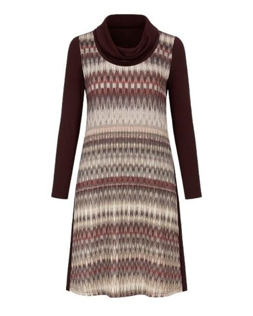 Conquista Brown A Line Print Dress With Turtle Neck