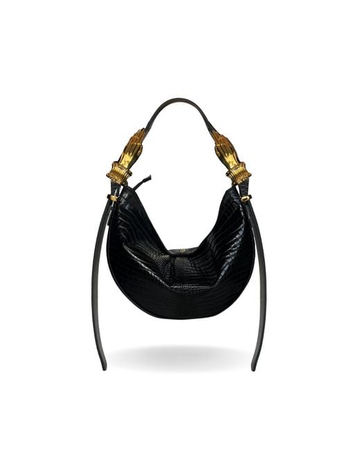 Indigolush Black Hobo Adjustable Hand Shaped Leather Bag Mini Lizard Two Hands