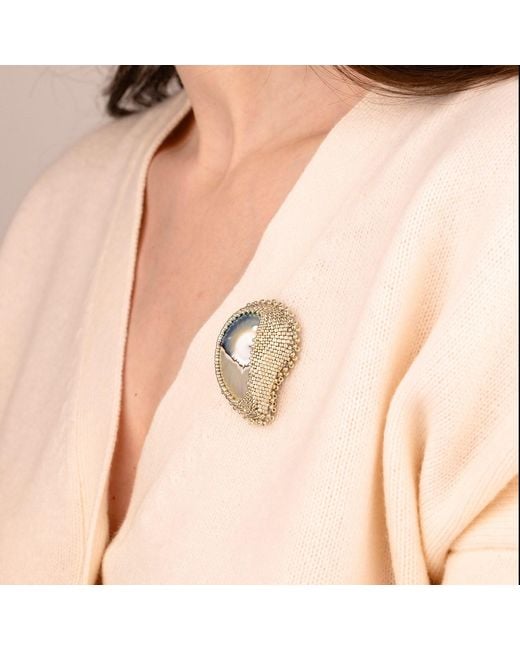 Oana Savu Multicolor Beaded Nautilus Seashell Goddess Brooch Sterling Pin