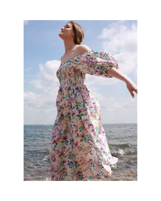 Jessie Zhao New York Blue Garden Smocked Cotton Silk Dress