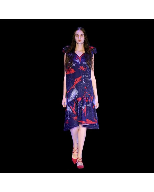 Arto. Shoulder Ruffles Gathered Floral Midi Dress