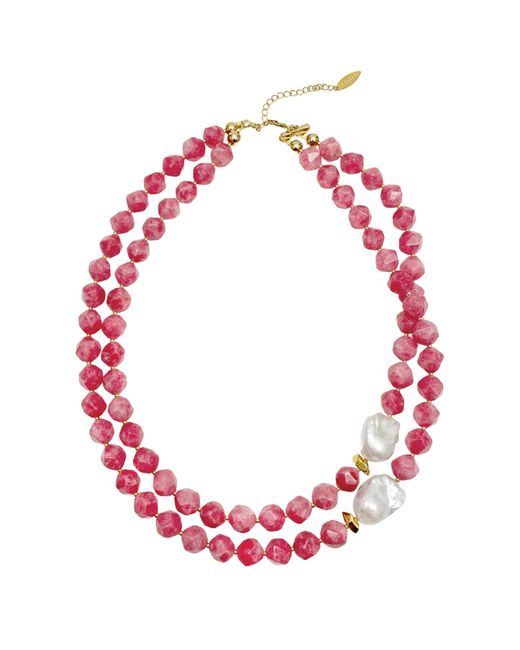 Farra Red Pink Gemstone With Baroque Pearls Double Layers Necklace