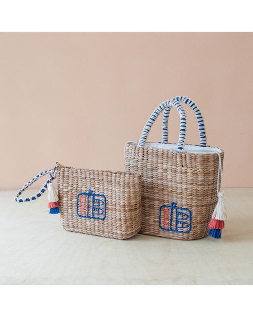 LIKHÂ Blue Neutrals Handwoven Seagrass Sardine Can Tote Bag With Tassels
