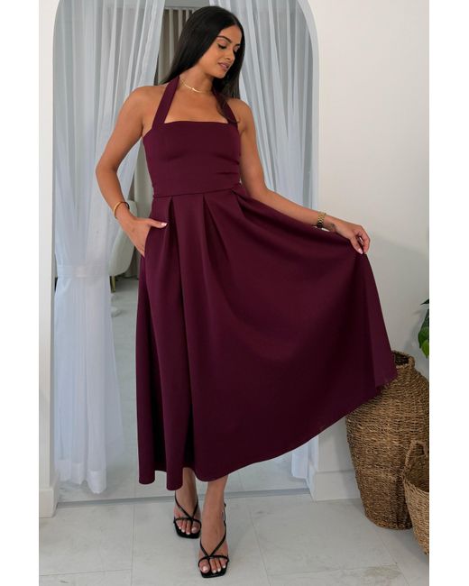 Girl In Mind Purple Briar Halterneck Pleated Skirt Midi Dress Plum