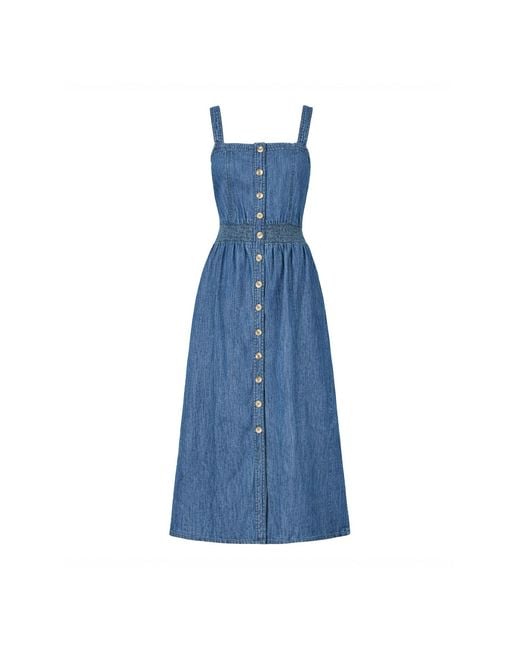 Yumi' Blue Chambray Cotton Ruched Midi Sun Dress