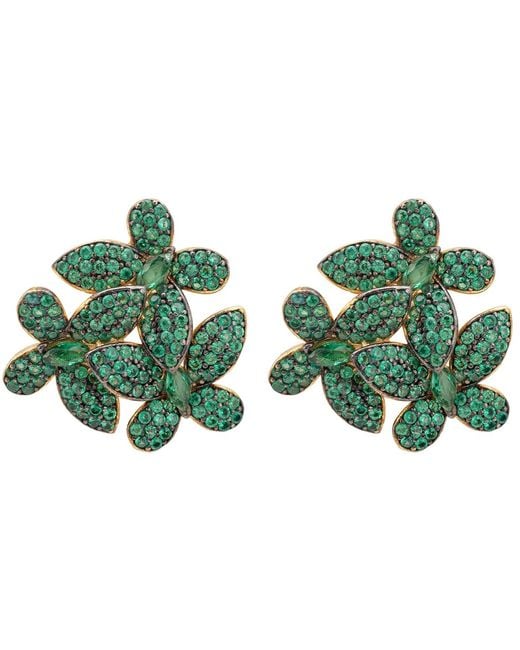 Latelita London Flowers Large Stud Earrings Gold Emerald Green