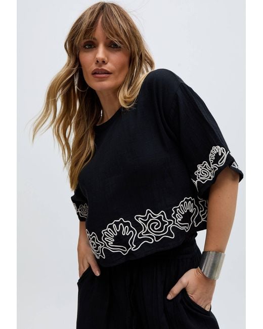 Raffya Black Milly Embroidered Split Open Back Blouse
