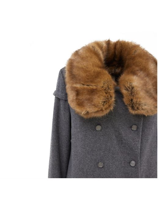 Julia Allert Gray Mid-thigh Length Double-breasted Coat With Fur Collar Grey