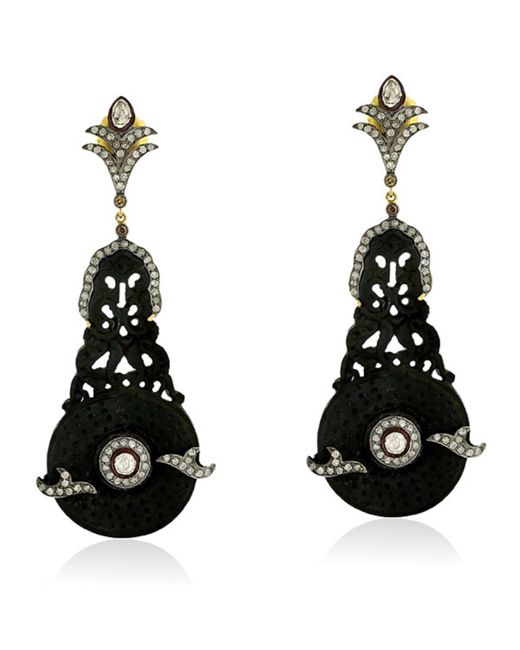 Artisan Black Carving Jet Gemstone & Pave Diamond In 18k Gold With Sterling Silver Dangle Earrings