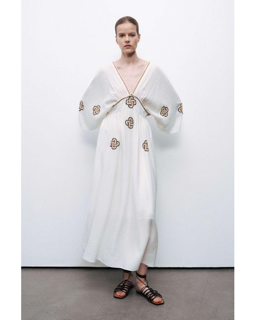 Nocturne White Ecru Maxi Dress With Embroidery Details