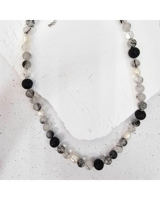 Farra Metallic Rutilated Quartz With Lava Stone And Pearls Necklace for men