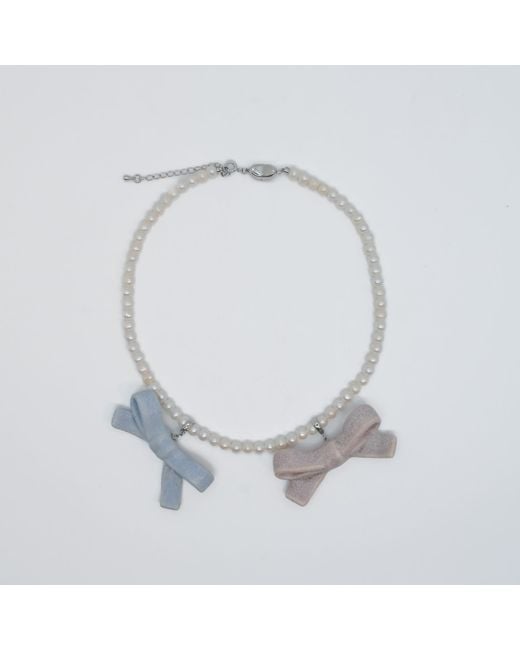 H2 Studio Blue Bowtie Maniac Medium Ceramic Ribbon Bowtie Round Baroque Freshwater Pearl Multi Charms Necklace And Set