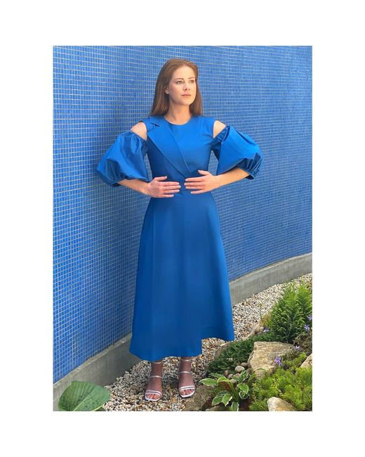 Femponiq Blue Asymmetric Lapel A-Line Cotton Dress