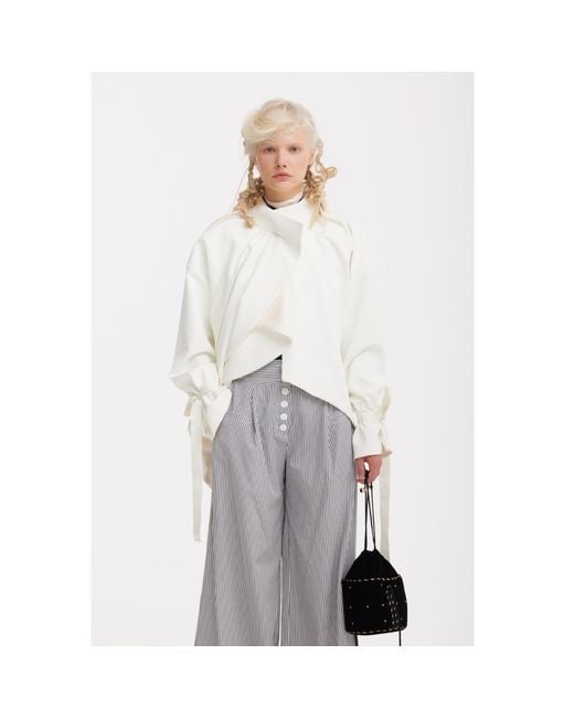 Julia Allert White High Neck Draped Cotton Blouse