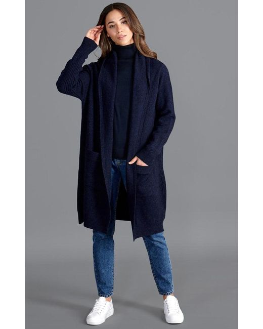 Paul James Knitwear Blue Pure Lambswool Long Line Liberty Cardigan With Pockets