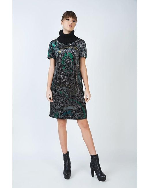 Conquista Green Turtleneck A Line Print Dress
