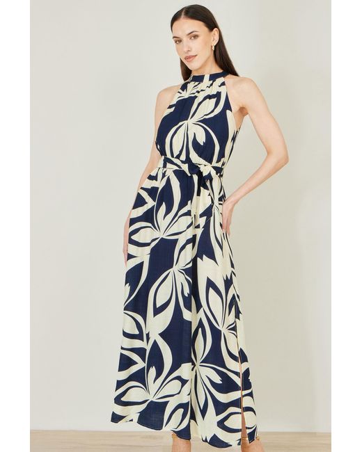 Yumi' Blue Geo Swirl Print Halter Maxi Dress