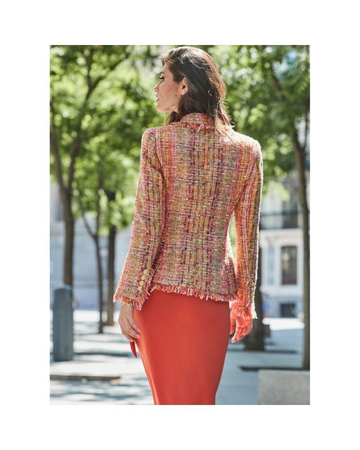 The Extreme Collection Red Orange Cotton Blend Tweed Double Breasted Blazer Frayed Edge Antonella