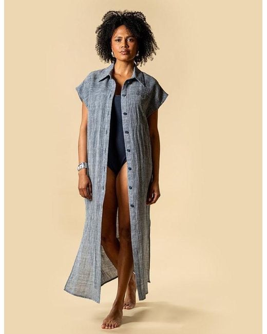 The Summer Edit Blue Tatum Luxe Linen Shirt Dress