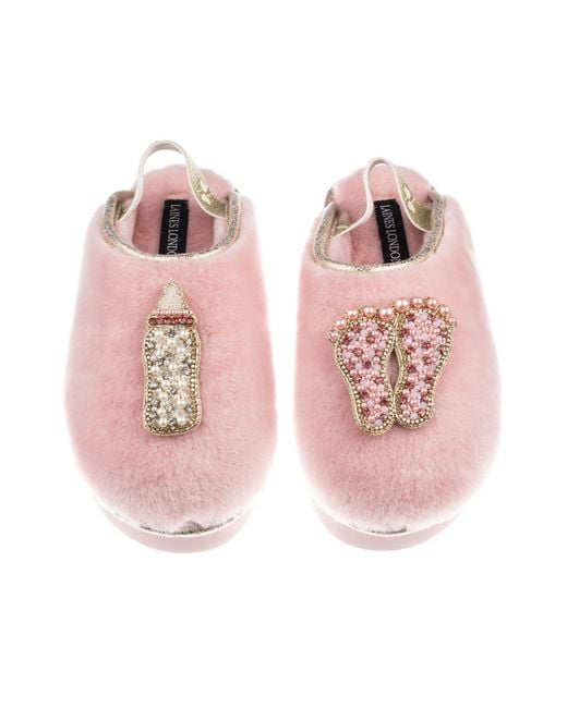 Laines London Pink Flatform Cloud Closed Toe Slippers With New Baby Girl Brooches