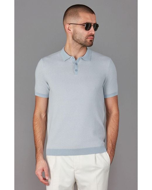 Paul James Knitwear Blue Lightweight Cotton Pietro Two Tone Textured Polo Shirt for men