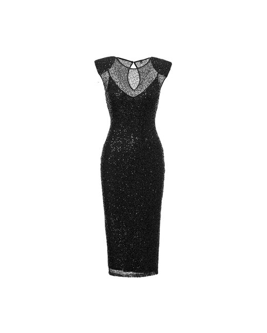 Nissa Black Sequined Mesh Midi Dress