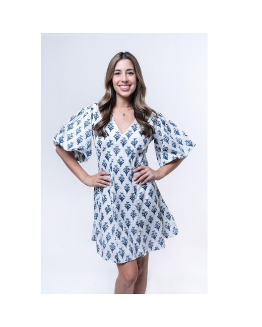 House of Gl Blue Soreia Hand-Block Printed Cotton Fit & Flare Dress With Open Back