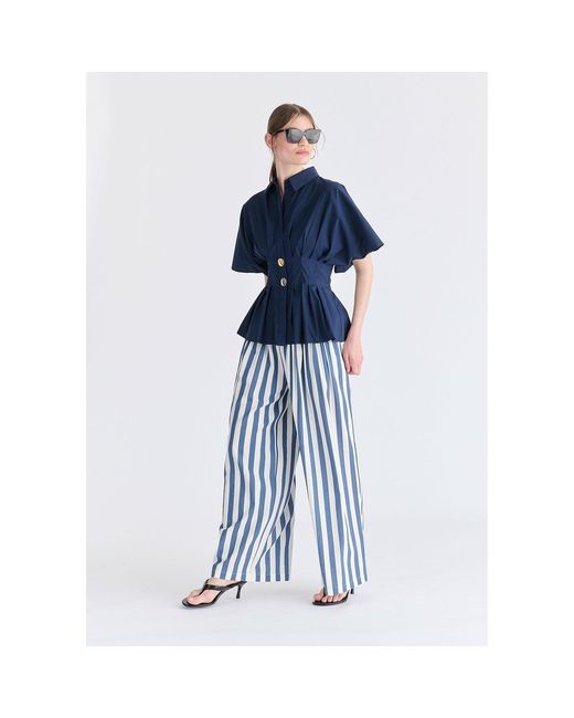 Paisie Blue Front Pleats Detail Wide Leg Trousers