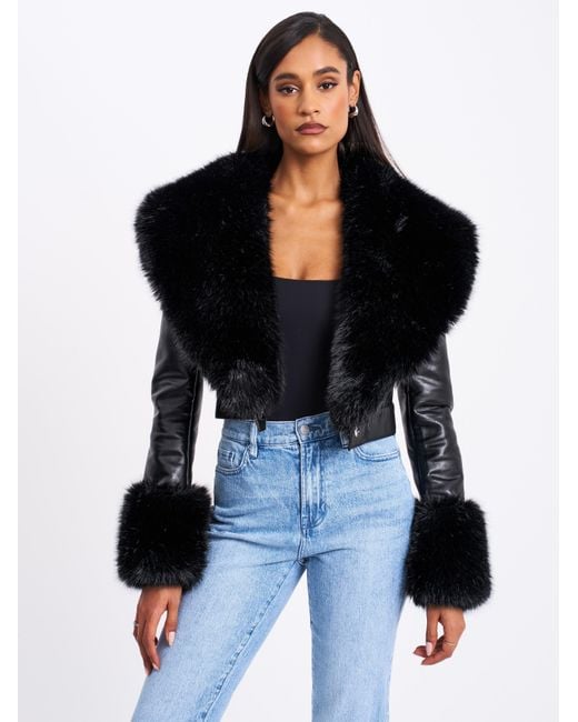 Miss Circle New York Black Ziah Cropped Leather Jacket With Fur Collar