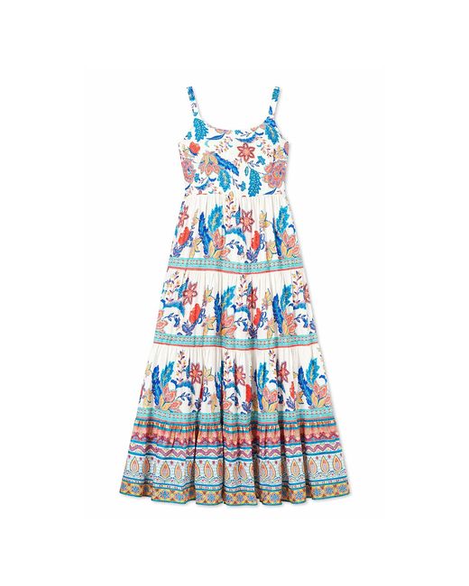 Yumi' Blue Boho Block Print Tiered Maxi Dress