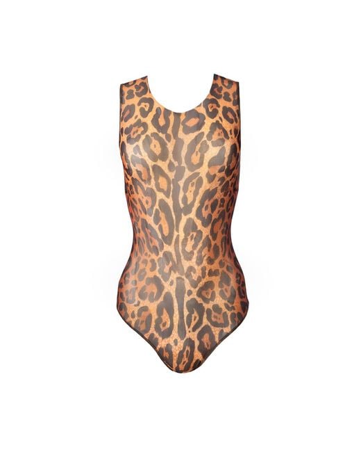 Rodasoleil Smart Swimwear Brown Tan-Through Mesh One-Piece Sleeveless Swimsuit Leopard