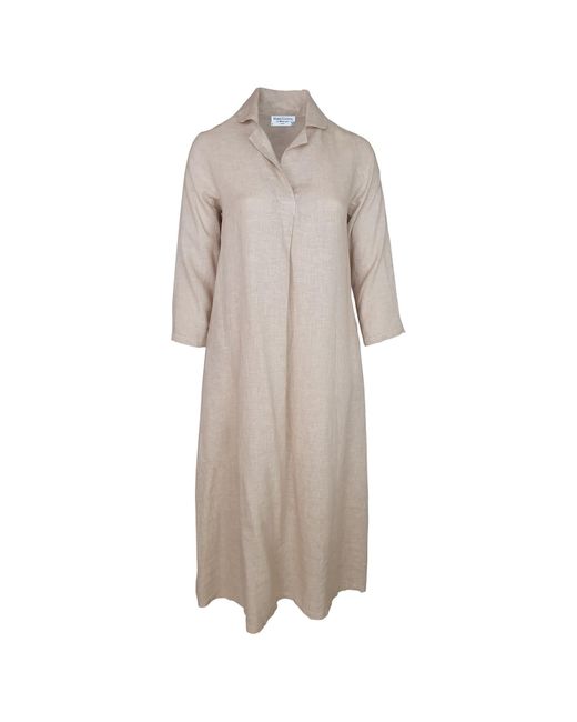 Haris Cotton Natural Neutrals Maxi Linen Dress With Front Pleat And Lapels