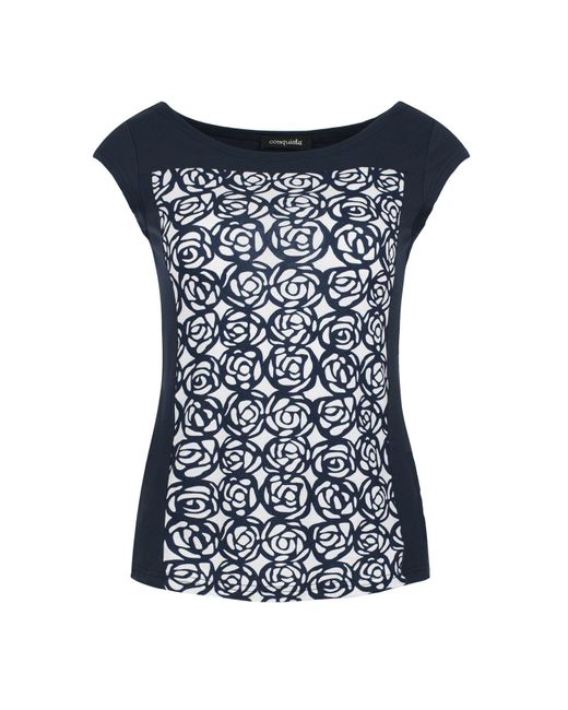 Conquista Blue Elegant Floral Patterned Fitted Cap Sleeve Top