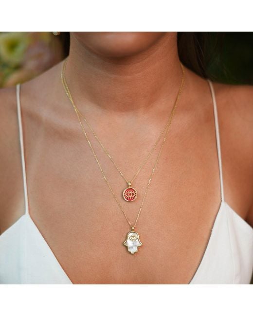 Ebru Jewelry Metallic Pearl Divine Hamsa & Evil Eye Pendant Vermeil Chain Necklace