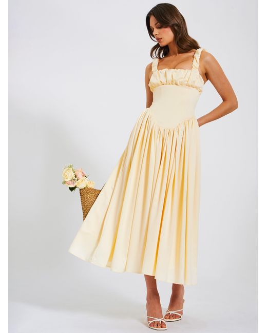 Miss Circle New York Natural Neutrals Noreen Egg Satin Drop Waist Maxi Sundress