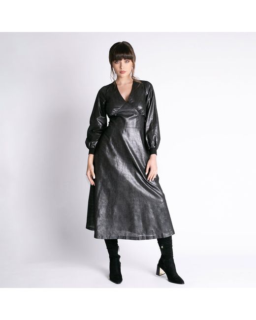 Larisa Dragna Black Linen Midi Dress With Metallic Sheen