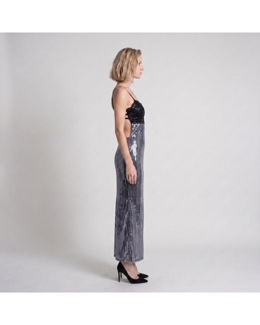 Modenaire Purple Sequin Maxi Dress With Lace Bustier Top And Strappy Open Back Detail